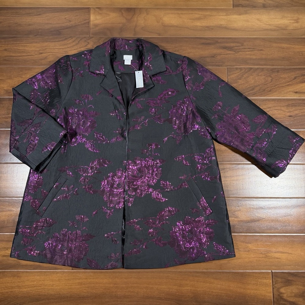 Chico's Women's Size 3 / 16 - 18 Novelty Plum Shimmer Jacquard Jacket Blazer